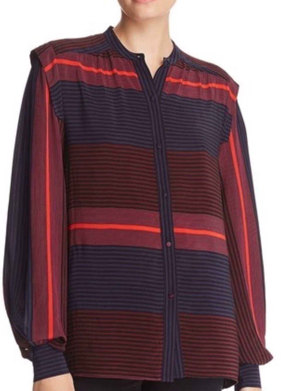 Joie Striped Button Front Blouse in Navy, Burgundy & Pink